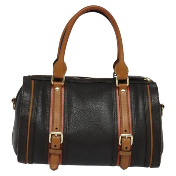 BURBERRY Hand Bag Leather 2way Dark Brown Gold Auth 114741 - Picture 3 of 16